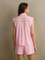 Anewsta Conjunto de Blusa de Renda Bordada Vintage de Alta Qualidade e Shorts para Mulheres no Verão