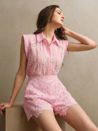 Anewsta Conjunto de Blusa de Renda Bordada Vintage de Alta Qualidade e Shorts para Mulheres no Verão