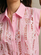 Anewsta Conjunto de Blusa de Renda Bordada Vintage de Alta Qualidade e Shorts para Mulheres no Verão
