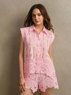 Anewsta Conjunto de Blusa de Renda Bordada Vintage de Alta Qualidade e Shorts para Mulheres no Verão