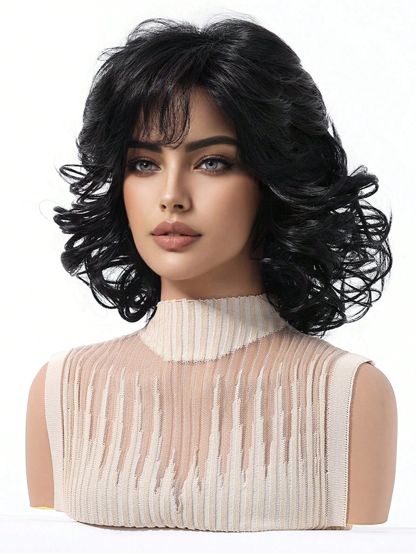 Peruca Feminina Cabelo Curto no Ombro Ondulado com Franja