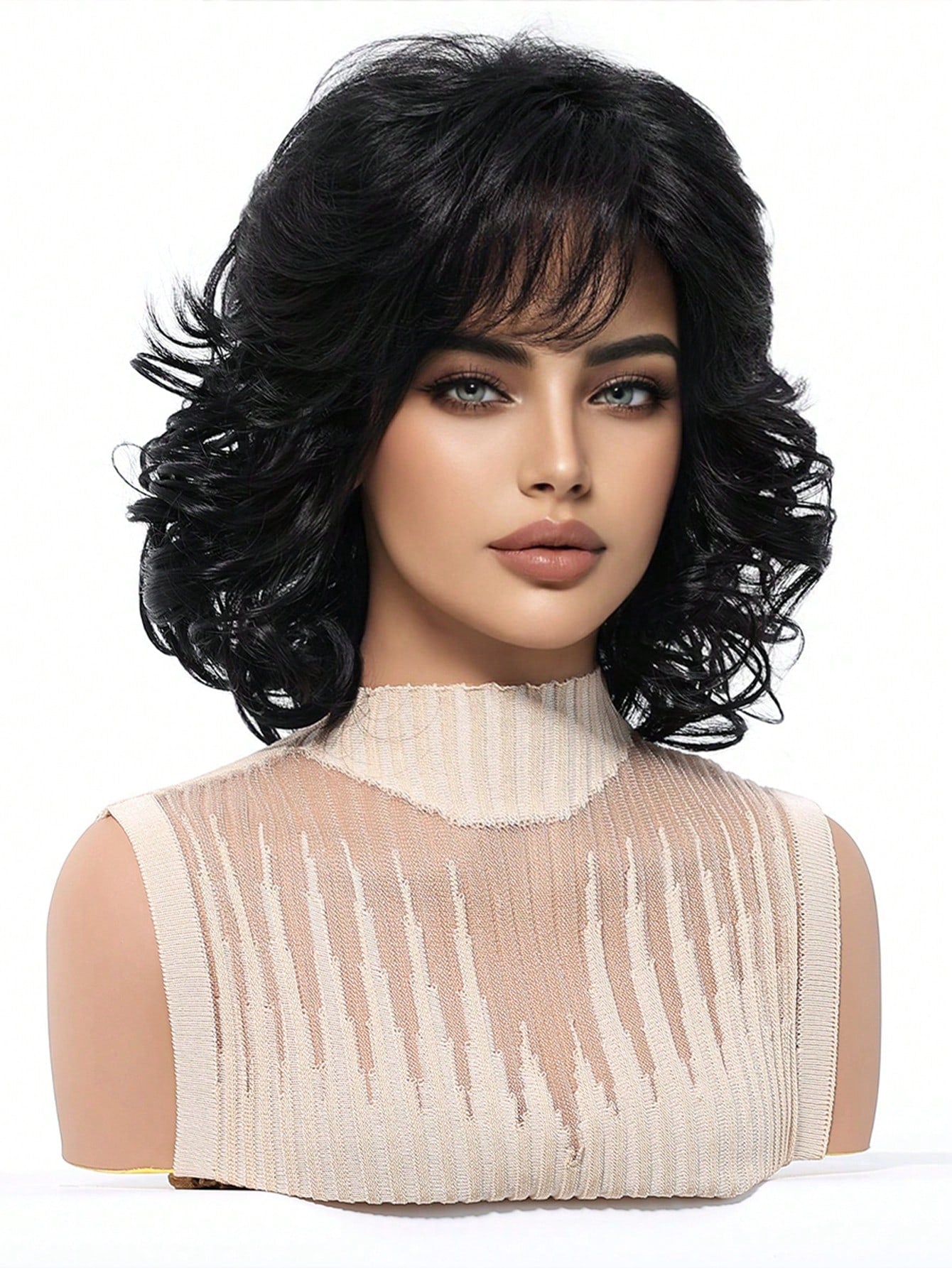 Peruca Feminina Cabelo Curto no Ombro Ondulado com Franja