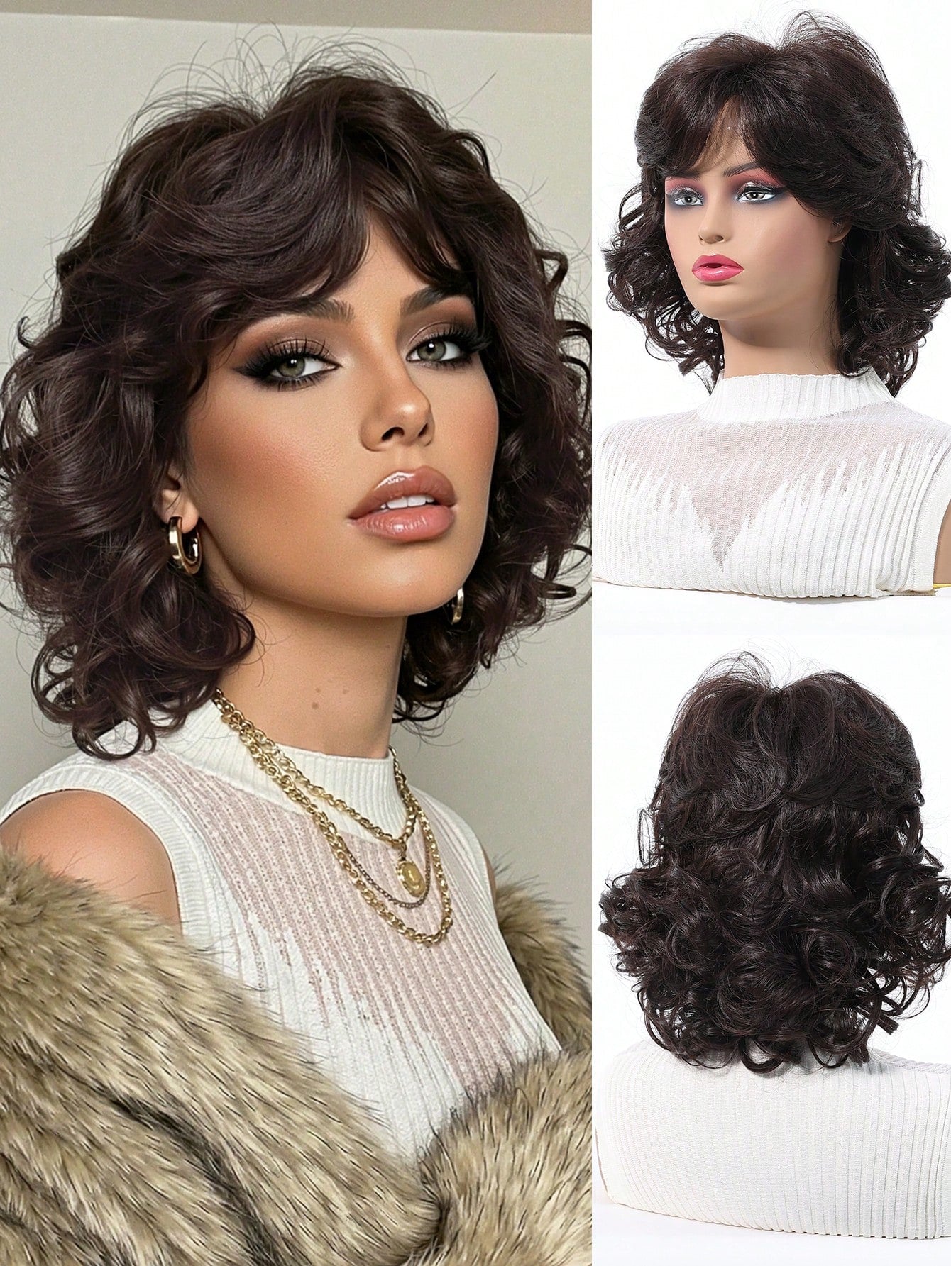 Peruca Feminina Cabelo Curto no Ombro Ondulado com Franja