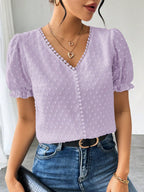 Blusa Jacquard com Decote em V, Tops de Manga Curta