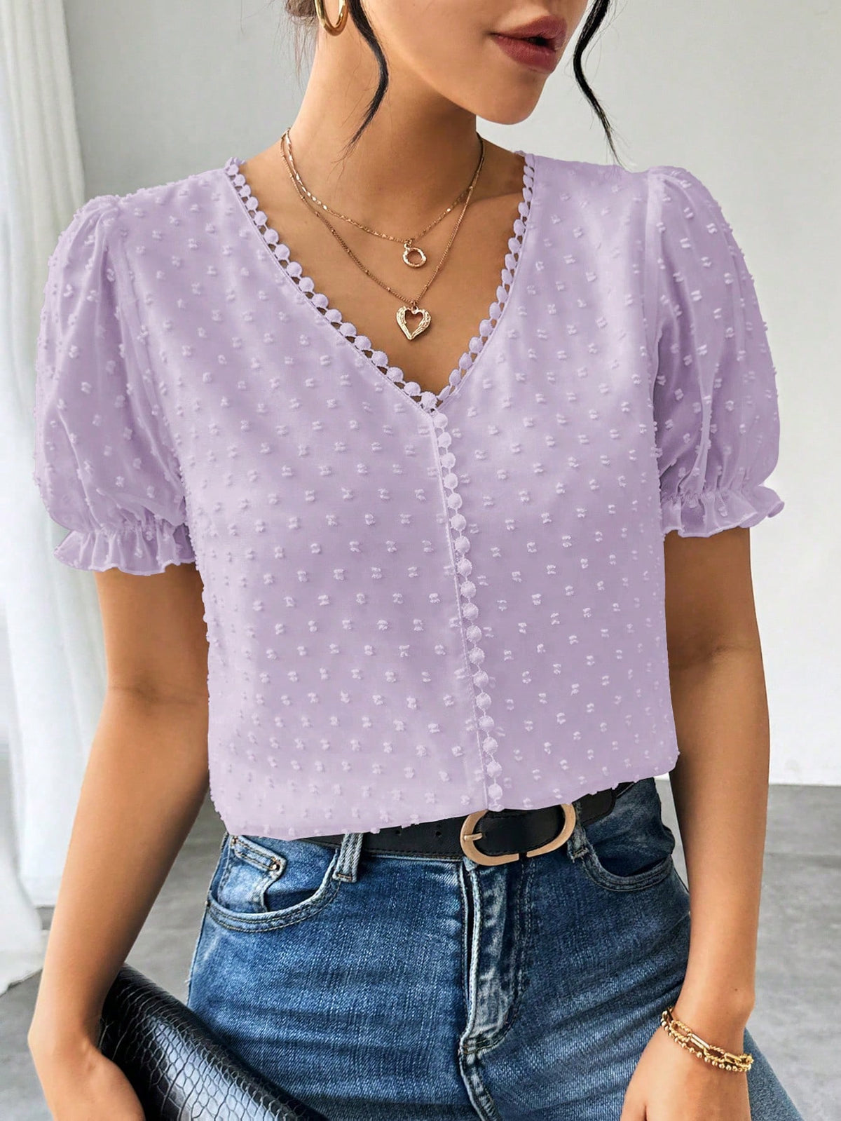 Blusa Jacquard com Decote em V, Tops de Manga Curta