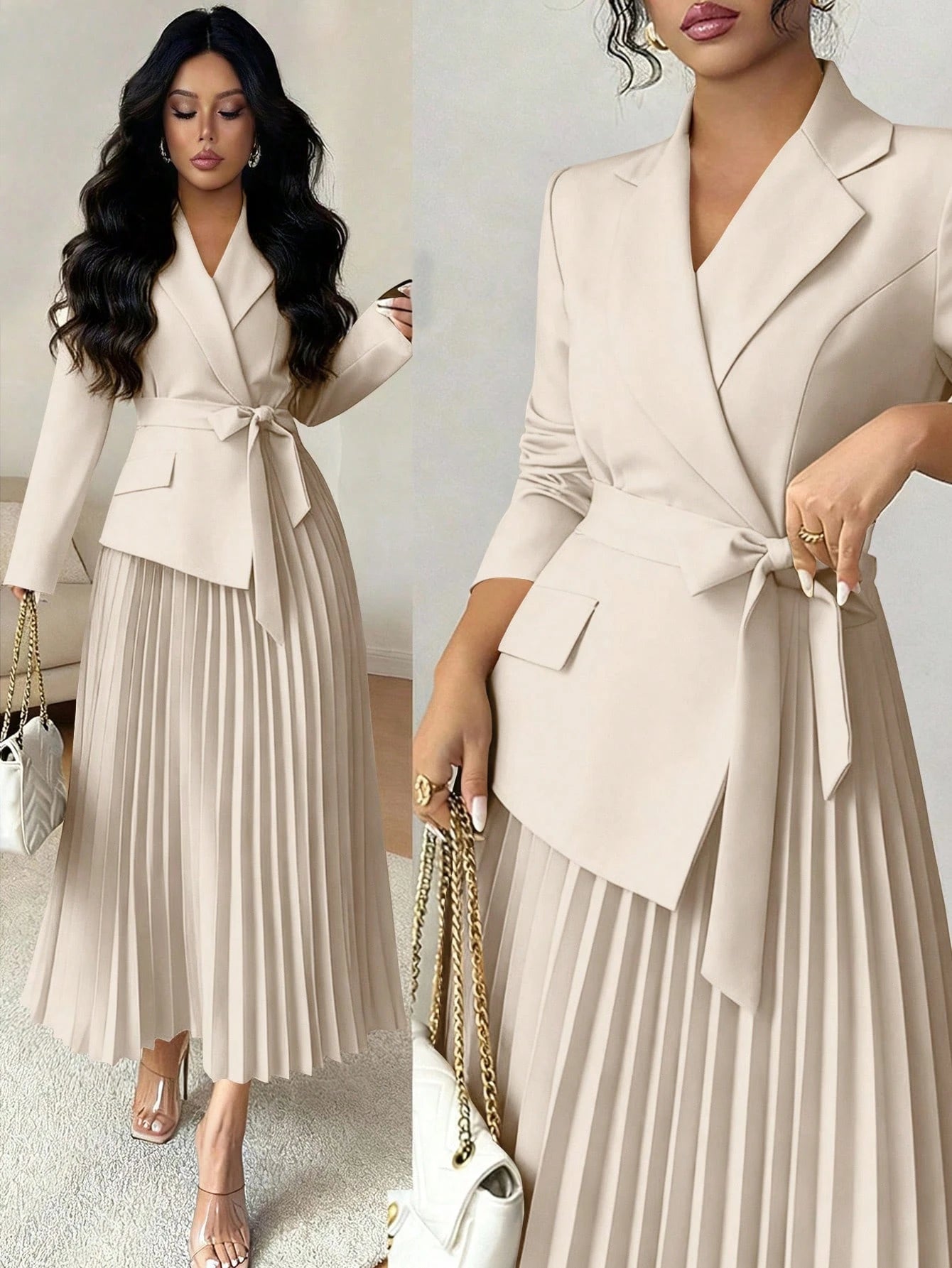 Vestido Midi Alfaiataria com Manga Longa e Saia Plissada