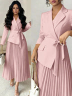 Vestido Midi Alfaiataria com Manga Longa e Saia Plissada
