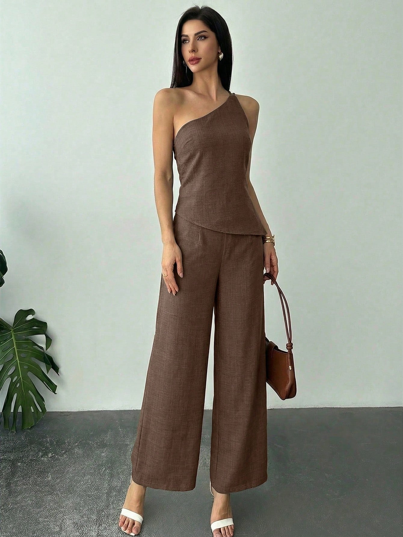 Conjunto Alfaiataria Feminino Blusa Assimétrica e Calça Pantalona 