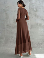 Vestido Longo Manga Comprida com Tule Cintura Plissada