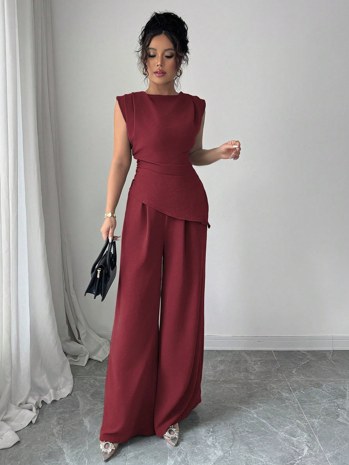 Rafferiza 2 peças/Conjunto Top Feminina de Cor Sólida com Textura Plissada e Gola Redonda sem Mangas