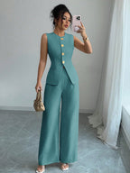 Conjunto Feminino Alfaiataria com Colete Alongado e Calça Pantalona