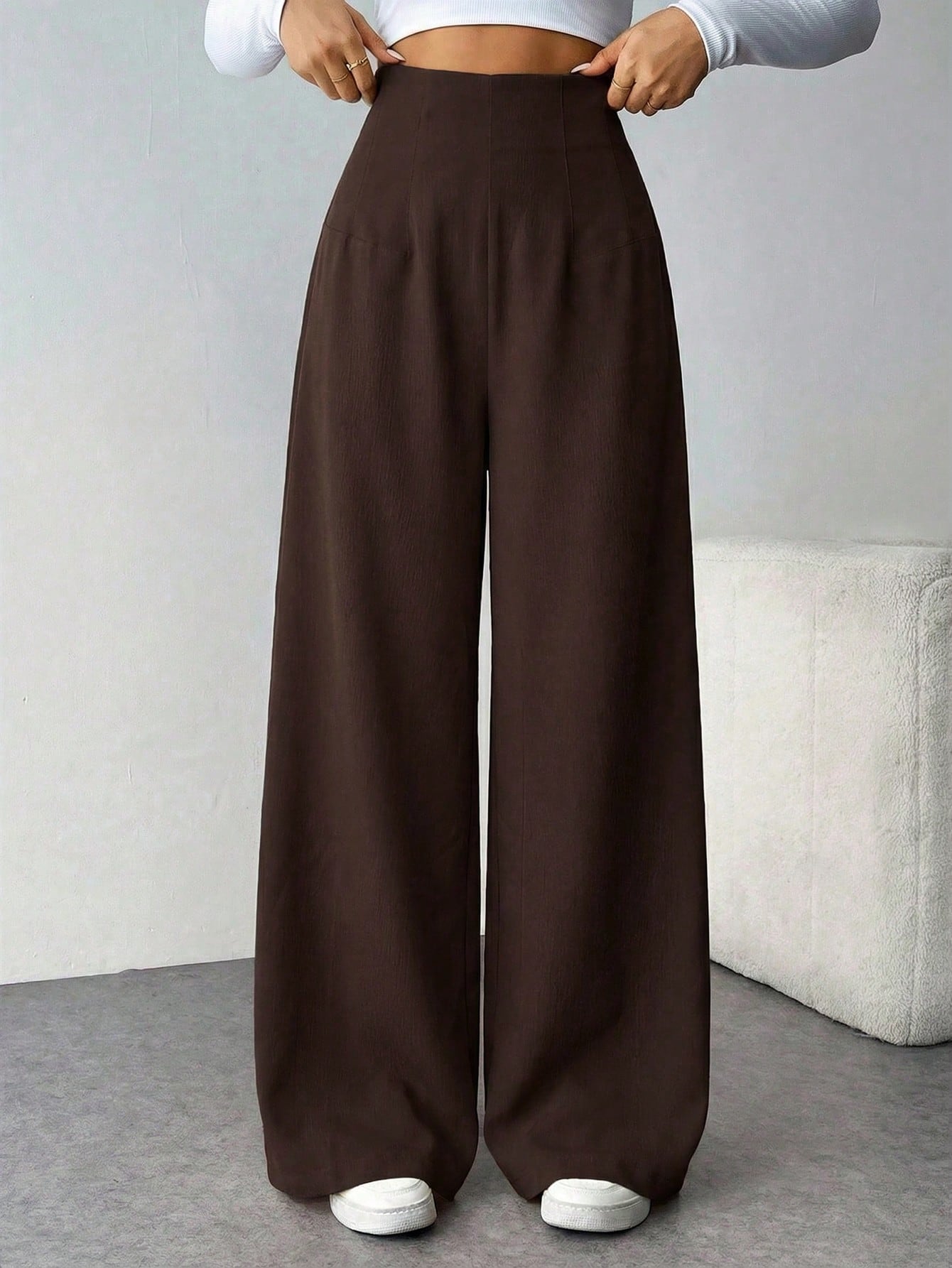 Calça Wide Leg Feminina Alfaiataria Texturizada com Zíper Lateral