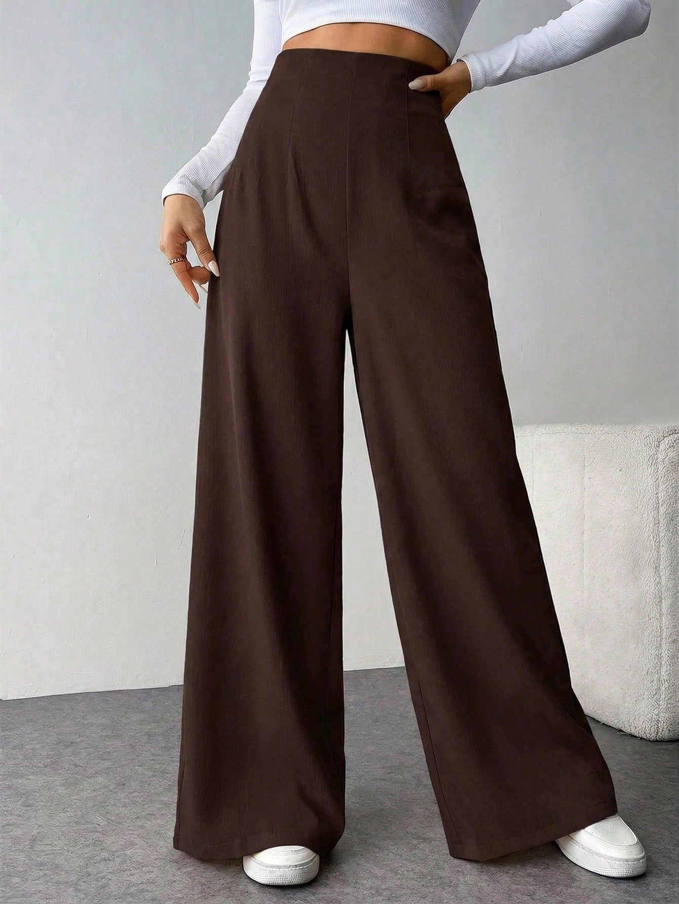Calça Wide Leg Feminina Alfaiataria Texturizada com Zíper Lateral