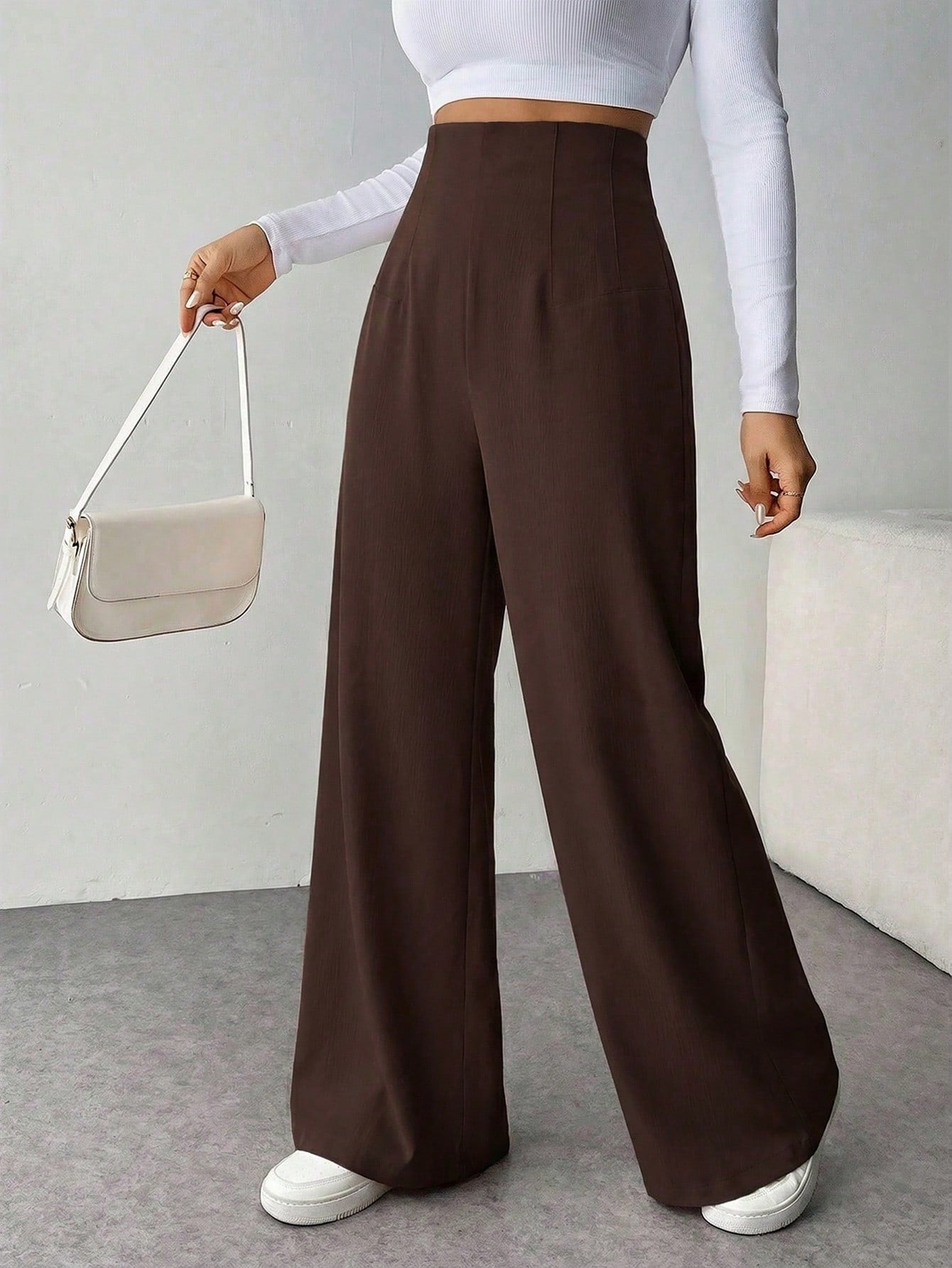 Calça Wide Leg Feminina Alfaiataria Texturizada com Zíper Lateral