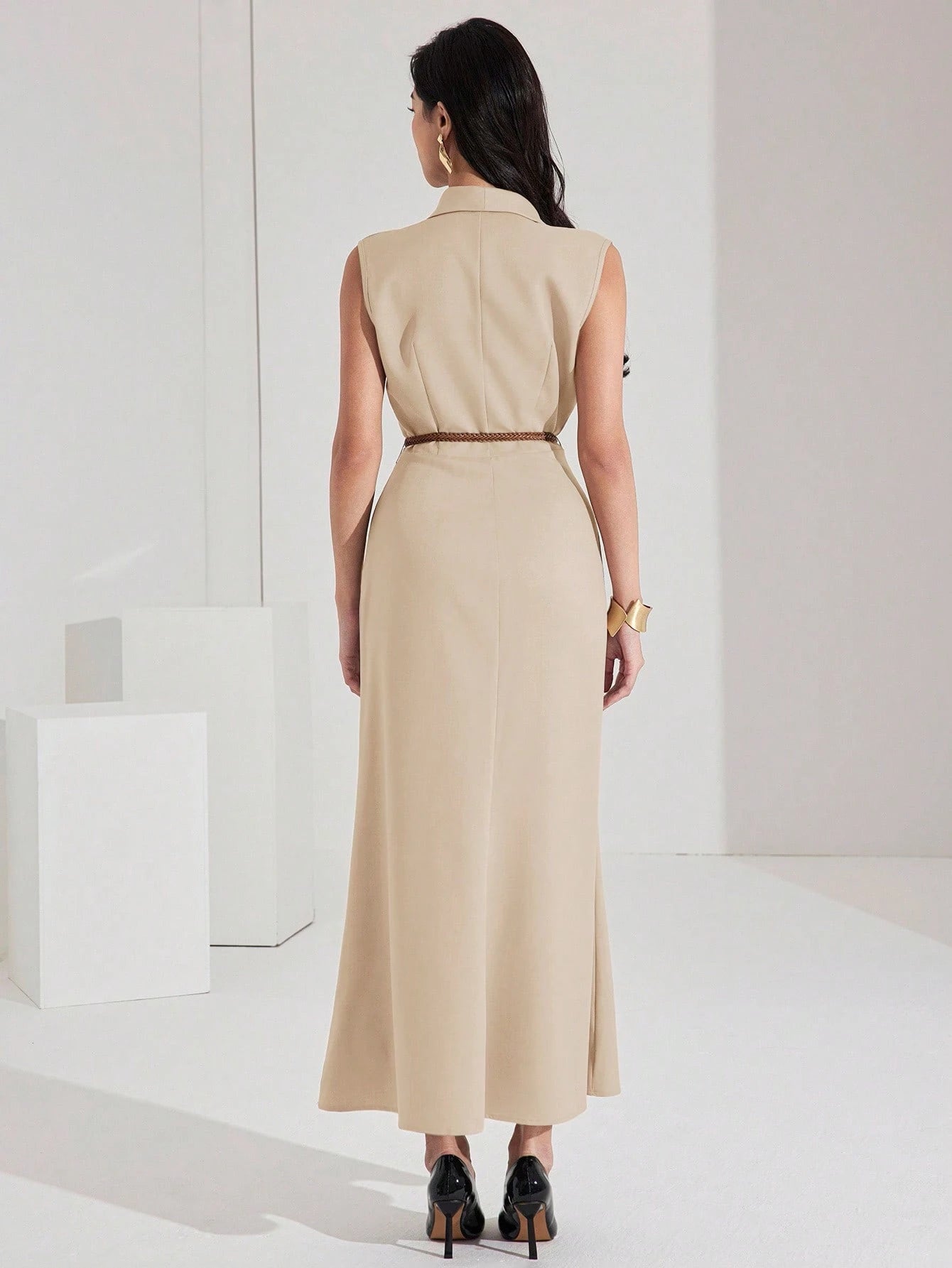 Vestido Elegante Social Feminino com Lapela Sem Mangas