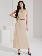 Vestido Elegante Social Feminino com Lapela Sem Mangas