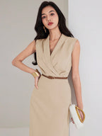 Vestido Elegante Social Feminino com Lapela Sem Mangas