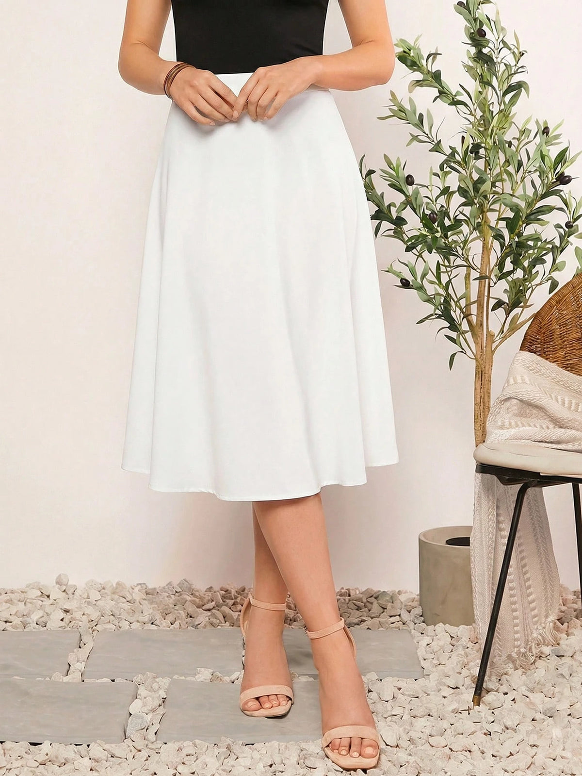 SHEIN Clasi Saia com Zíper Lisa, Elegante e da Moda, Verão