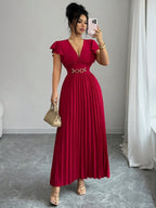 Elenzga Novo Vestido Longo Feminino com Decote em V, Manga com Babado, Tecido Liso, Fivela de Metal, Design Plissado, Elegante, Jovem, para Dia dos Namorados, Banquete, Férias e Festa, com Efeito Alongador e Emagrecedor
