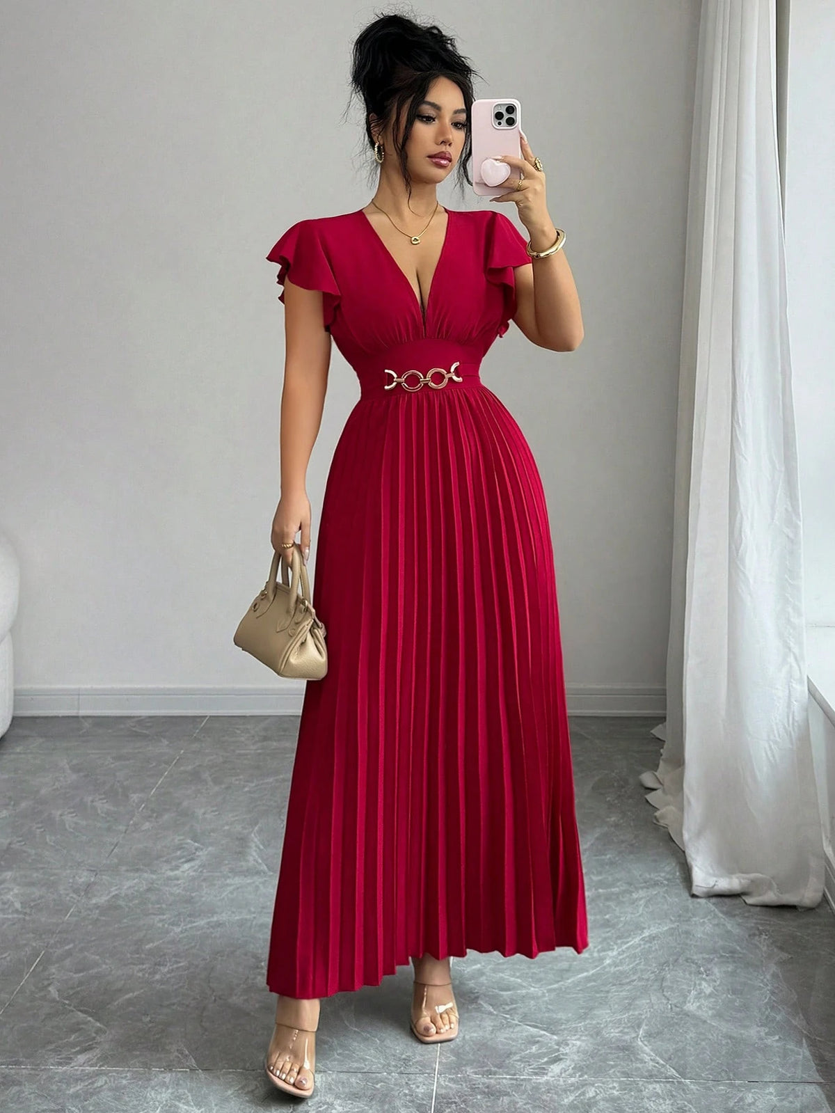 Elenzga Novo Vestido Longo Feminino com Decote em V, Manga com Babado, Tecido Liso, Fivela de Metal, Design Plissado, Elegante, Jovem, para Dia dos Namorados, Banquete, Férias e Festa, com Efeito Alongador e Emagrecedor
