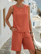 Faunlyn Conjunto de 2 Peças Casual de Cor Sólida, Camiseta Regata e Shorts, Conjunto de Verão para Férias, Conjuntos Curtos para Mulheres, Conjuntos de Descanso para Mulheres, Roupas Femininas de Algodão