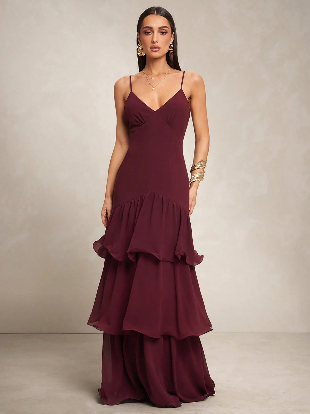 Silquee Vestido Elegante de Alça Fina com Bainha Camadas para Banquete/Encontro