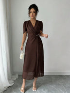 Vestido Elegante Midi Plissado de Cintura Franzida em Chiffon