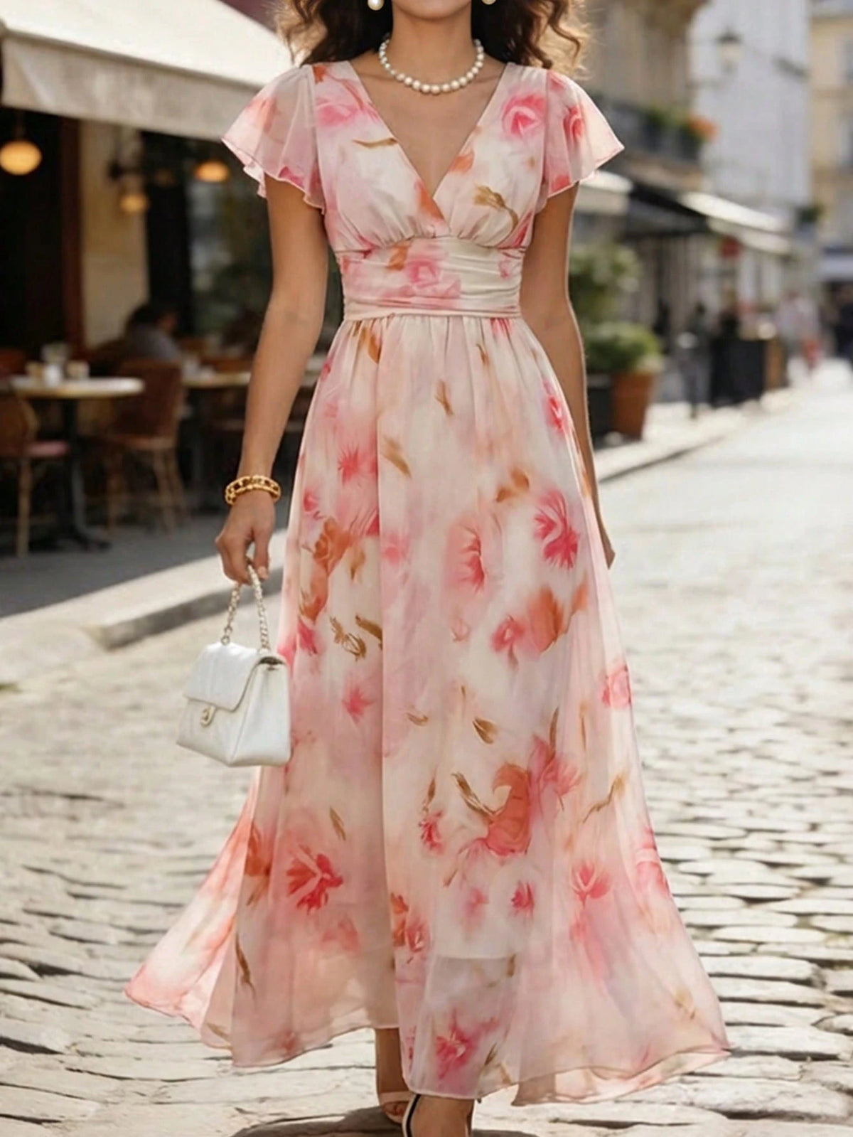 Vestido Longo em Chiffon Cintura Marcada Manga com Babados