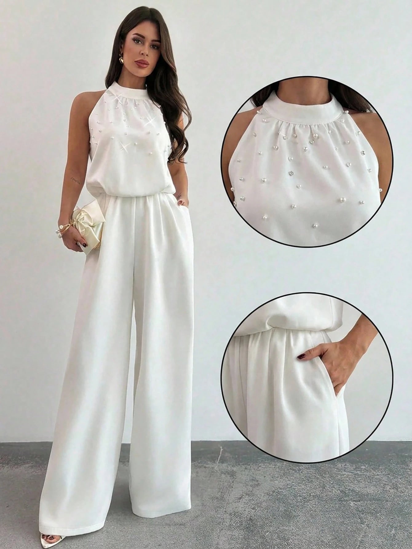 Macacão Feminino Elegante Pantalona Gola Princesa com Pérolas