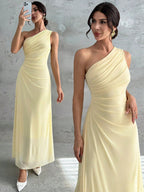 Vestido Longo Feminino Um Ombro Só Forrado Elegante Para Convidada