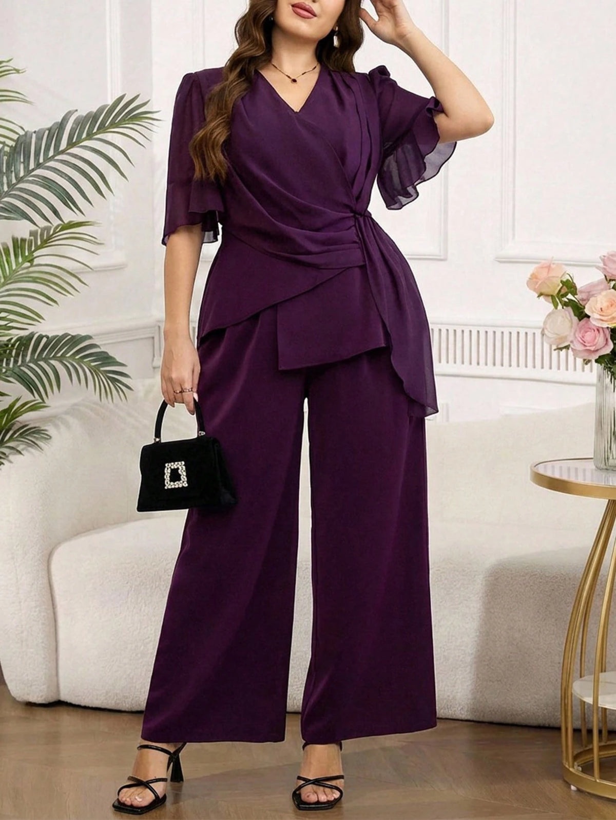 Conjunto de Festa Plus Size Blusa com Babados e Calça Soltinha