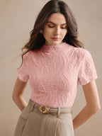 Blusa Feminina Elegante Manga Curta Texturizada Decote Fechado