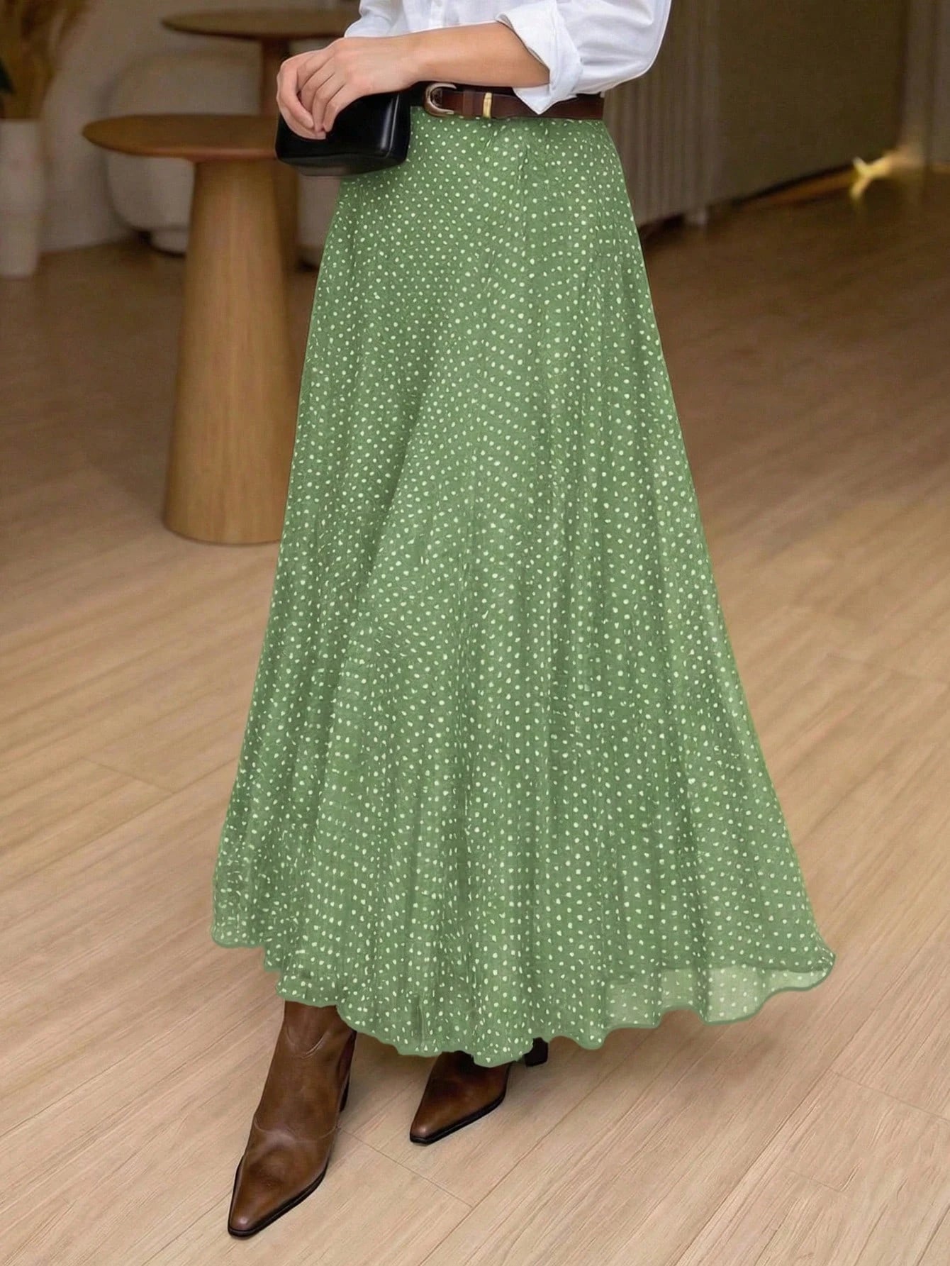 Saia Plissada Longa Feminina Elegante de Cintura Elástica com Bolinhas Poá