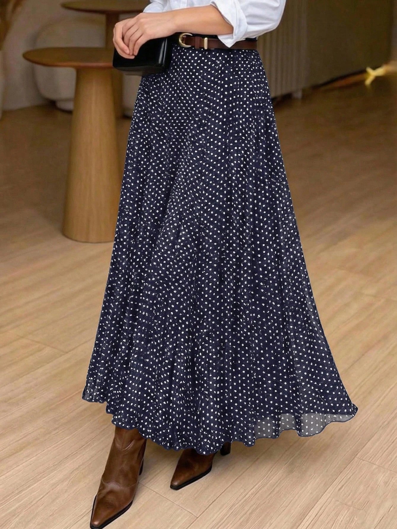 Saia Plissada Longa Feminina Elegante de Cintura Elástica com Bolinhas Poá