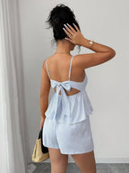 Elenzga Top Cami Feminino de Linho Listrado Azul e Branco, Decote V Profundo, Costas Abertas, Cintura Baixa com Cordão, Solto, Casual, Cropped, Sexy, Fofo, Elegante, Romântico, para Verão, Praia e Férias, com Amarração nas Costas