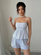 Elenzga Top Cami Feminino de Linho Listrado Azul e Branco, Decote V Profundo, Costas Abertas, Cintura Baixa com Cordão, Solto, Casual, Cropped, Sexy, Fofo, Elegante, Romântico, para Verão, Praia e Férias, com Amarração nas Costas