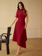Vestido Midi Feminino Elegante Bainha Assimétrica com Detalhe no Ombro