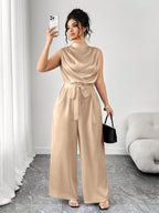Macacão Plus Size Feminino Elegante Regata Gola Alta Pantalona
