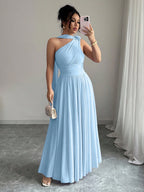 Vestido Longo Feminino Um Ombro Só com Faixa no Pescoço Para Convidada