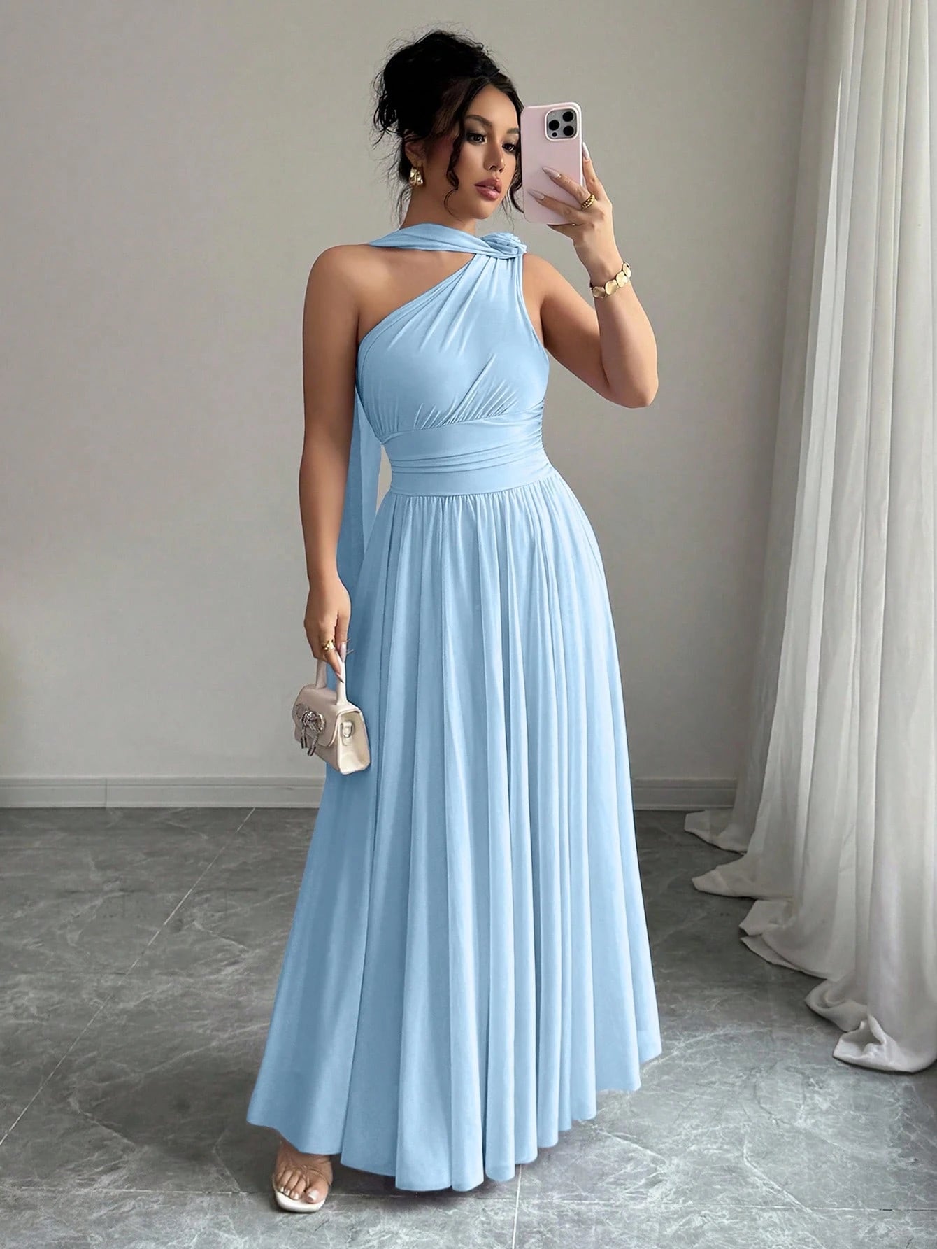 Vestido Longo Feminino Um Ombro Só com Faixa no Pescoço Para Convidada