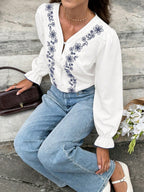 Camisa Feminina Casual Elegante de Manga Longa com Bordado e Botões