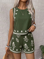 EMERY ROSE Conjunto Casual de Verão Estampado com Duas Peças Tecidas para Mulheres