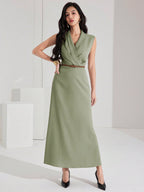Vestido Elegante Social Feminino com Lapela Sem Mangas