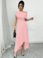 Vestido Feminino Midi de Festa Ombro e Bainha Assimétrica 