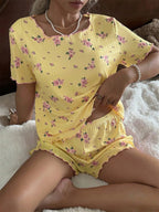 Pijama Feminino Malha Canelada Floral Blusa e Short