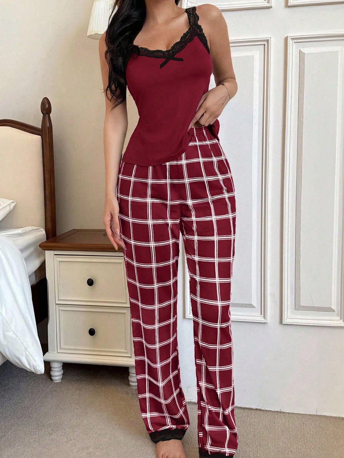  Pijama Feminino de Malha Regata e Calça Xadrez