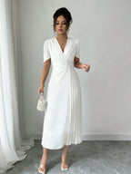 Vestido Elegante Midi Plissado de Cintura Franzida em Chiffon