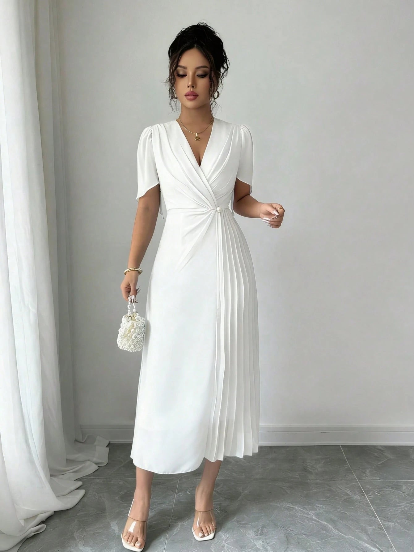 Vestido Elegante Midi Plissado de Cintura Franzida em Chiffon