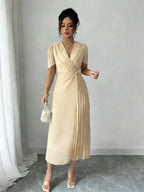 Vestido Elegante Midi Plissado de Cintura Franzida em Chiffon