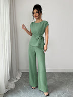 Elenzga Blusa Casual Elegante de Escritório Azul com Laço Ajustável na Cintura + Calça Casual Elegante de Escritório com Cintura Alta, Bolsos e Perna Larga